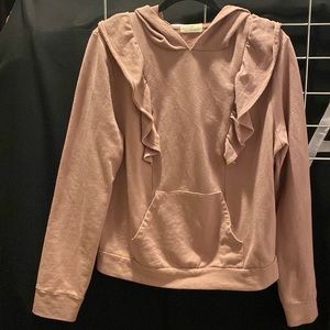 ANTHROPOLOGIE T.La WOMEN'S BLUSH LONG SLEEVE RUFFLED HOODIE SWEATSHIRT Sz L